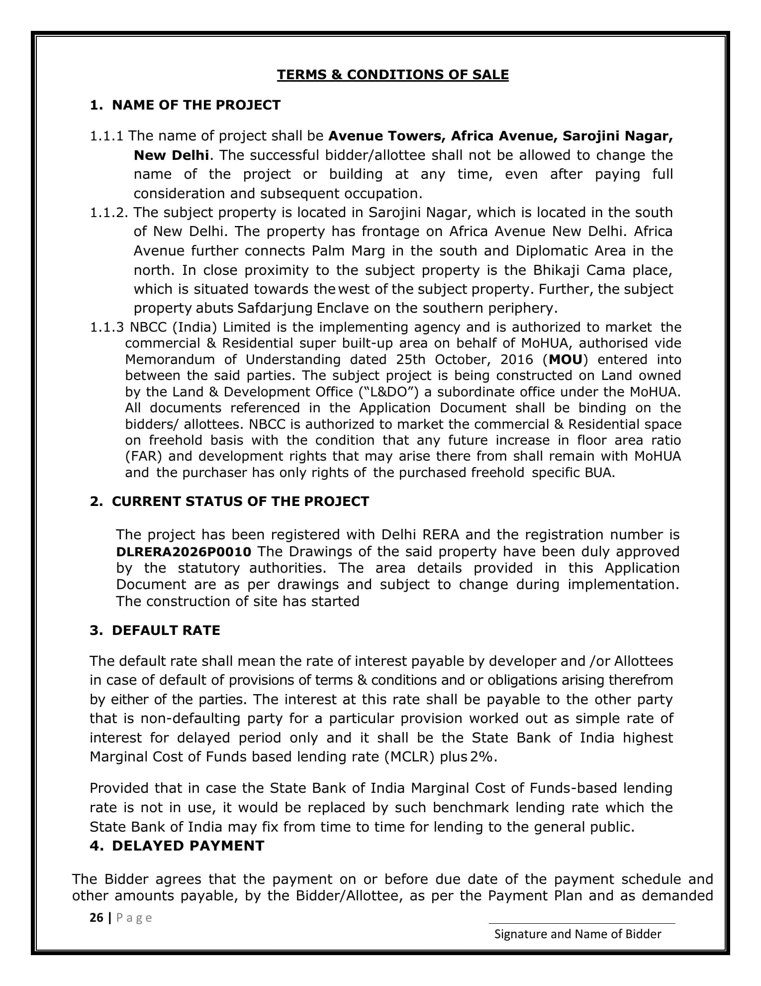 NBCC Avenue Towers application page 26 naming Delhi RERA registration DLRERA2026P0010 and stating that construction has started