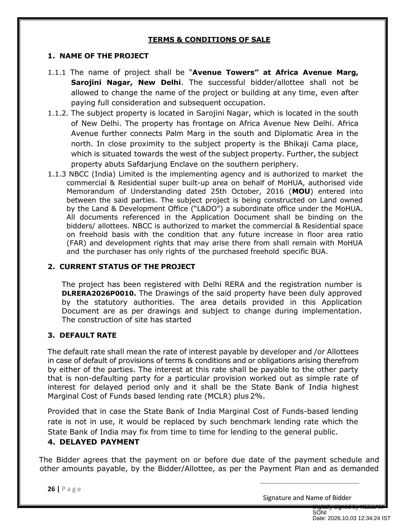 NBCC Avenue Towers application of 3 Oct 2026, page 26, naming Delhi RERA registration DLRERA2026P0010 and stating that construction has started